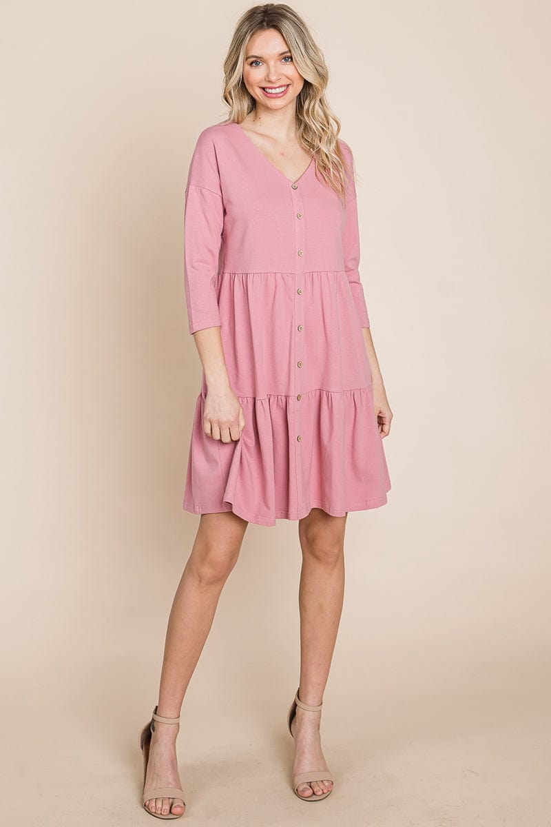 V neck Button Front Tiered Babydoll dress